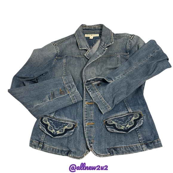 New Vintage Tommy Hilfiger Embellished Tailored Medium Wash Denim Jacket - Picture 5 of 16